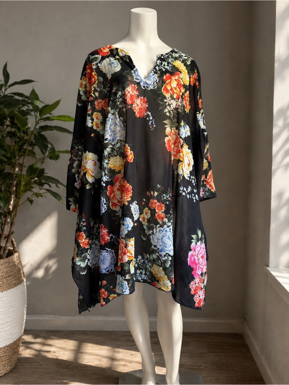 Johnny Was Black Floral Cotton Tunic Dress 2X Boho Semi Sheer Handkerchief